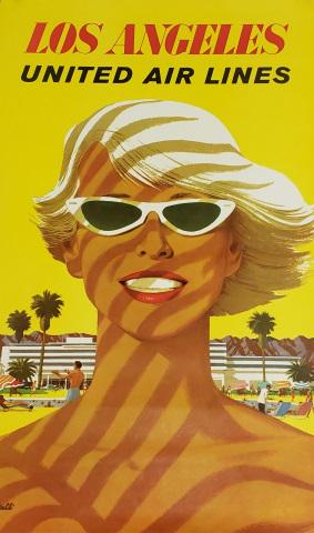*UNITED AIR LINES, STAN GALLI POSTER: "Los Angeles" travel poster, platinum blonde with sunglasses, paper size 40" x 25".