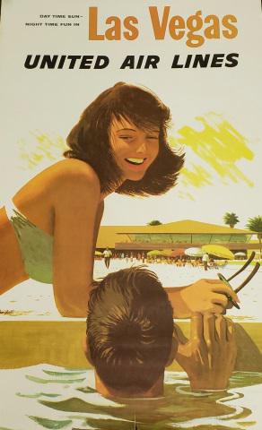 *UNITED AIR LINES, STAN GALLI POSTER: "Las Vegas" travel poster, couple at pool, paper size 40" x 25".