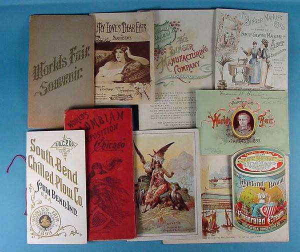 ***COLUMBIAN WORLD'S FAIR PAPER ITEMS| Souvenir,: ***COLUMBIAN WORLD'S FAIR PAPER ITEMS| Souvenir, booklet, fair views, Singer sewing machines, T. Kings Ford & Son, Highland brand fold out and more. CONDITION: Fine to very fine.>