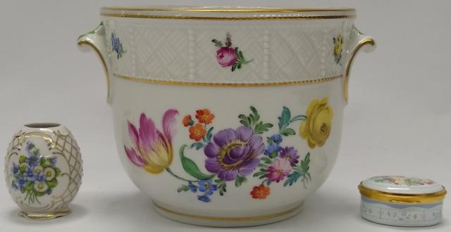 *3 PIECES: Dresden jardiniere, Linder vase, and enameled pill box, all decorated with flora.