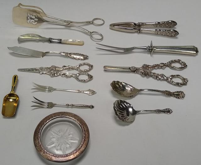 *2 GROUPS OF STERLING SILVER: Meat fork, 2 sugar spoons, nutcracker, Russian enameled scoop, coaster, butter knife, etc.