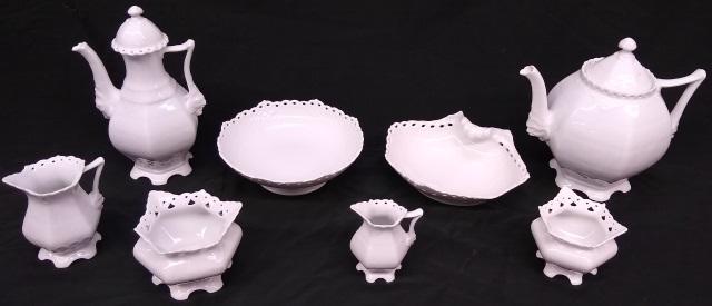 *8-PIECE ROYAL COPENHAGEN TEA SET: Tea server #143, approximate height 8", coffee server #123, height 8 1/2", 2 creamers #394 and #1031, height 4 1/4" and 3", 2 sugars #159 and #153, height 3" and 2 3/4", and 2 shallow bowls #1023 and