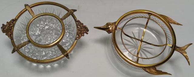 *2 PIECES: Brass and glass seafood bowls with leafy scrollwork design, approximate height 4", diameter 10 1/2".