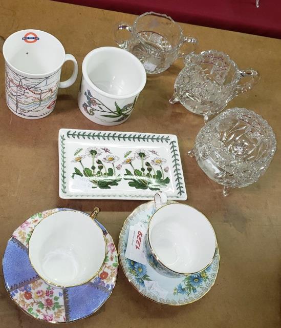 *GROUP: 2 cups and saucers, 2 cut glass sugars, creamer, botanic garden tray, and 2 mugs.