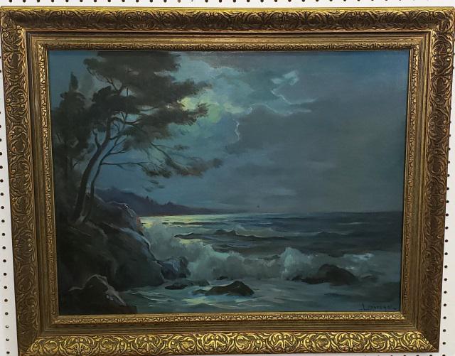 LESTER JOSEPH CHANEY ORIGINAL OIL PAINTING: Lester Joseph Chaney (1907-1998 American), moonlit coastal scene, framed oil on masonite panel, signed and dated 1951 lower right, approximately 20" x 26", with frame 25" x 31".