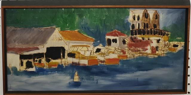 *BILL OLENDORF ORIGINAL OIL PAINTING: Bill Olendorf (1924-1996 American), boats in dock, framed oil on masonite panel, signed lower right, approximately 9 5/8" x 20", with frame 10 3/4" x 21".