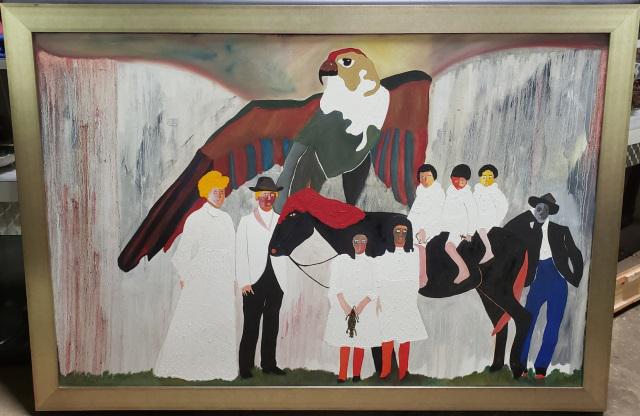 *ANTHONY RICE ORIGINAL OIL PAINTING: Anthony Rice, "Family Gatherings", framed oil on canvas, signed lower left and on verso, has Anthony Rice label, approximately 40" x 60", with frame 46 3/4" x 66 3/4". Provenance: Personal property fr