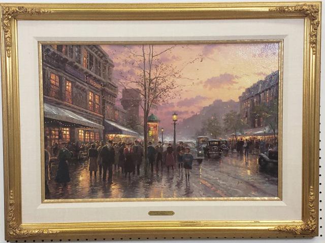 *THOMAS KINKADE SIGNED GICLEE: Thomas Kinkade (1958-2012 American), "Boulevard Lights, Paris", framed giclee on canvas, autopen-signed lower right and verso, numbered 34/240 R/E, approximately 18" x 27", with frame 26 3/4" x 35 3/4