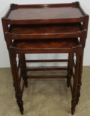 *3-PIECE NESTING TABLE: Each having full gallery over circular legs, approximate height of largest piece 26 1/4", width 21 3/4", depth 13 3/4".