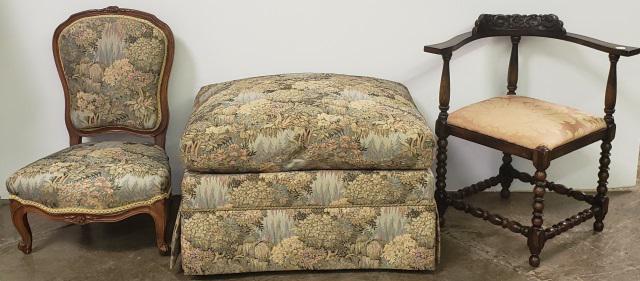 *3 PIECES: Georgian style corner chair having peach-upholstered seat, Louis XV style boudoir stool with floral back and seat, and companion ottoman with matching upholstery.