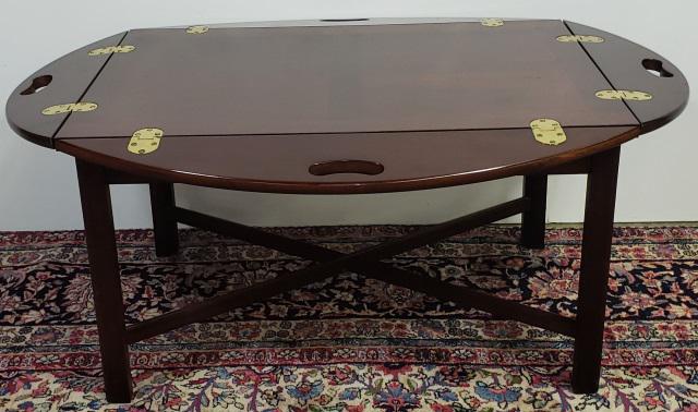*GEORGIAN STYLE MAHOGANY BUTLER'S TRAY: Having folding sides and 4 square legs joined with X-shaped stretcher, approximate height 16 1/2", width 39 1/2", depth 30 1/2".