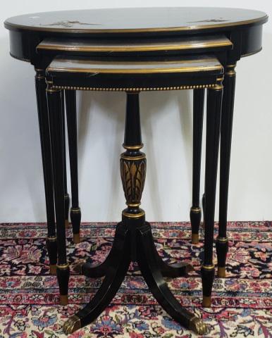 *3-PIECE REGENCY STYLE NESTING TABLE: Having ebony finish and gilt decoration, approximate height of tallest piece 24", width 23 1/2", depth 17 1/2".