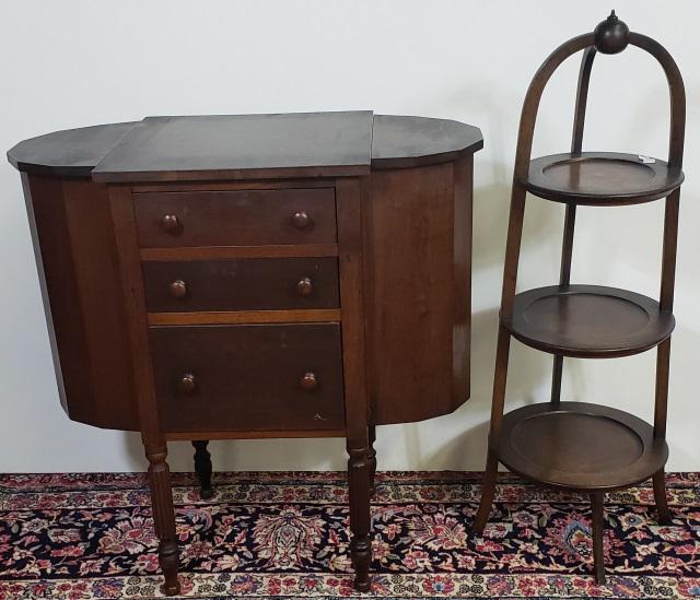 *2 PIECES: Martha Washington sewing cabinet fitted with 3 drawers, 2 having top-hinges, and pie stand having 3 shelves.