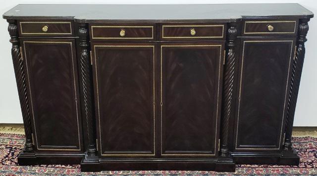 *PERIOD STYLE CONSOLE TABLE: By Theodore Alexander, fitted with 4 drawers over 4 doors, having beaded decoration, approximate height 36", width 65", depth 15".