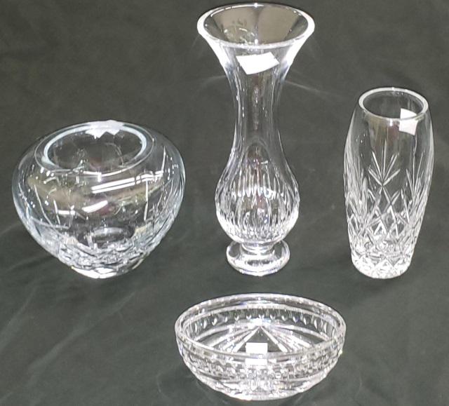 *7 PIECES OF CUT GLASS: Block rose bowl, Waterford canoe-shaped bonbon, Waterford footed vase, Waterford heart-shaped bonbon, Waterford boudoir clock, cut glass ash receiver with brass rim, and Lenox vase.