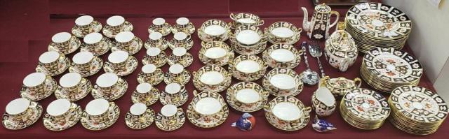 *132 PC SET OF ROYAL CROWN DERBY DINNERWARE: "Traditional Imari", 13 dinner plates 10 1/2" (12 2nds), 12 salad plates 8 1/2" (12 2nds), 12 dessert plates 7 1/4"(no 2nds), 12 bread plates 6 1/4"(no 2nds), 13 2 handle cream soups (8 2nds), 12 sauc
