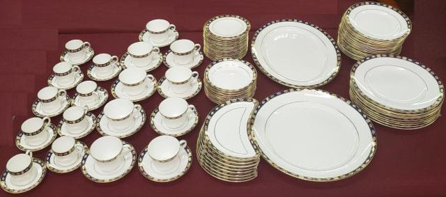 *109 PC SET OF ROYAL CROWN DERBY DINNERWARE: "Kedleston" pattern, 10 dinner plates 10 5/8", 21 salad plates 8 1/2", 21 bread plates 6 1/4", 13 shallow bowls 6 1/2", 8 bone dishes 8 3/4", 9 demitasse cups, 9 saucers 4 1/2", 9 coffee cups, 9 sauce