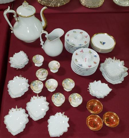 *GROUP OF MISC PORCELAIN: Comprising 12 egg holders with floral decoration, 8 Nippon footed salts with floral decoration, 3 Oriental footed salts, coffee pot and creamer with gilt decoration, 6 small plates with berry design a