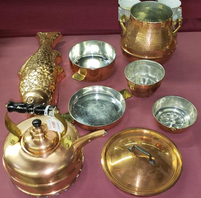 *8 PIECES OF COPPER: Covered pan, approximate diameter 5", 2-handled pot, height 7", 2 molds, diameter 5", fish-form mold, length 17", tea kettle, and pair of 2-handled pots by Mauviel.