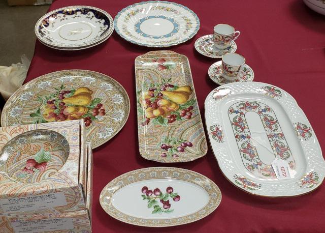 *12 PIECES OF PORCELAIN: Limoges oval dish, tray and 12 bread plates by Patrick Frey, approximate width 9" and 15 3/4", Kutahya tray with matching demitasse cups and saucers, width 13", pair of monogrammed plates having gilt 