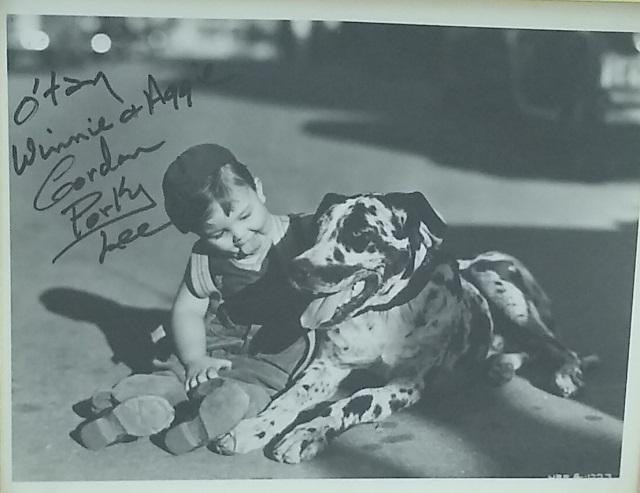 *GORDON "PORKY" LEE AUTOGRAPH: Signed on 8"x10" b/w photo in 9"x11" frame. Inscription, O'tay Winnie & Aggie Gordon Porky Lee, American child actor, most notable for appearing in the Our Gang (Little Rascals) comedies as Porky from