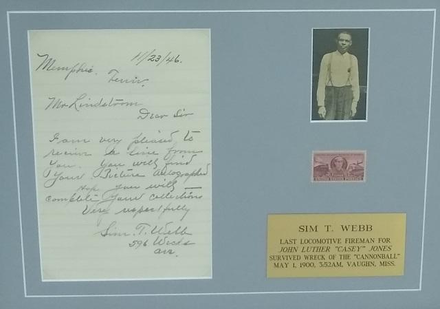 *SIM T. WEBB AUTOGRAPH: Professionally framed and matted personal, handwritten letter dated 11/28/46, along with a 1 1/2" x 2 1/4" b/w photo of Webb, a 3c United States Postage Stamp honoring Casey Jones and a 4" x 2" brass 