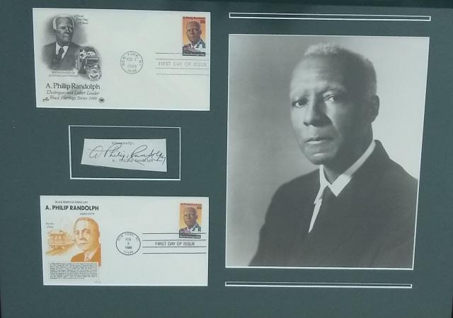 *A PHILIP RANDOLPH AUTOGRAPH: Professionally framed and matted b/w photo of Randolph, 7 1/4" x 9"; two different illustrations for FIRST DAY ISSUES, 6" x 3 1/2", Feb. 3, 1989, New York, NY (third FIRST DAY ISSUE with different gra