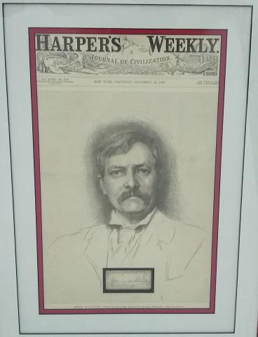 *HENRY M. STANLEY AUTOGRAPH: Professionally framed and triple matted cover of Harper's Weekly from December 22, 1888 with engraved portrait from an etching of Stanley, 9" x 14 1/2", and individually matted 2 1/2" x 1 1/4" autogra