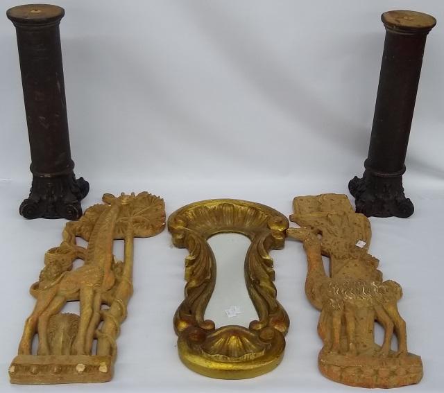 5 PIECES: Pair of decorative columns, Italian plaster wall mirror, and 2 wall plaques depicting giraffes.