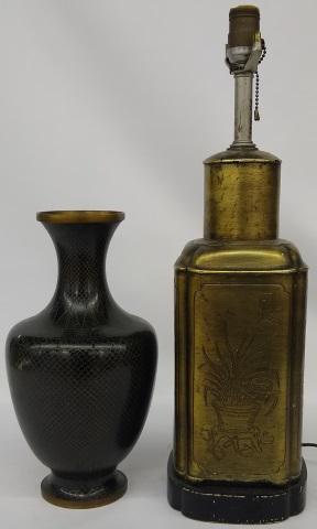 2 PIECES: Brass table lamp in tea canister style, approximate height 21", and Cloisonne vase, height 12 1/2".