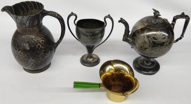 4 PIECES OF SILVERPLATE: Brandy warmer, Victorian coffee server, pitcher, and golf trophy.