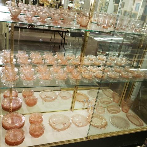 *96-PIECE SET OF PINK DEPRESSION GLASS: 10 dinner plates, approximate diameter 9", 10 salad plates, diameter 7", pitcher, height 7 1/4", 10 tumblers, height 4 1/2", 10 sherbets, height 2 1/2", 10 cereal bowls, diameter 5 3/4", 10 coffee cup