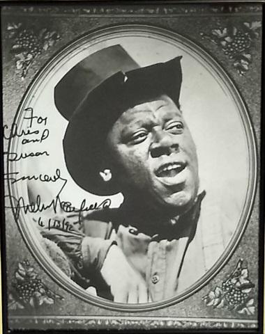 *WILLIAM WARFIELD AUTOGRAPH: Signed on 8"x10", b/w photo in black frame, Inscription, For Chris and Susan Sincerely, William Warfield 6/13/92, American concert bass-baritone singer and actor. He appeared in Metro-Goldwyn-Mayer's 