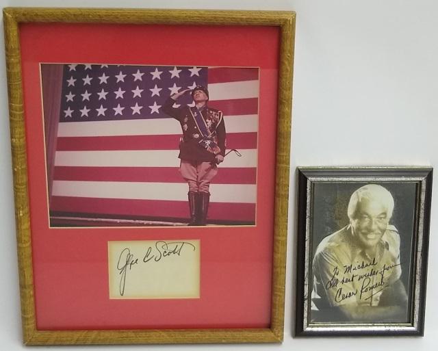 *CESAR ROMERO & GEORGE C. SCOTT AUTOGRAPHS: Romero: Framed 6" x 8" b/w photo. Inscription, To Michael, All best wishes from Cesar Romero, Cesar Julio Romero Jr. was an American actor, singer, dancer and vocal artist. He was active in film, radi
