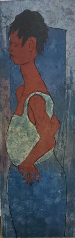 *JEAN GUY DESROSIERS ORIGINAL OIL PAINTING: Jean Guy Desrosiers (1934- Canadian), portrait of young girl, unframed oil on masonite panel, signed and dated 1959 lower left, approximately 48" x 16".