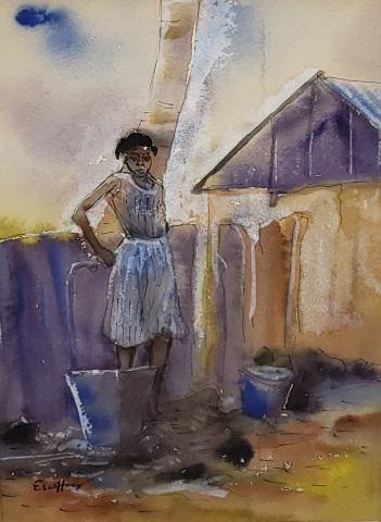 *GLORIA ESCOFFREY ORIGINAL WATERCOLOR PAINTING: Gloria Escoffrey (1923-2002 Jamaican), young girl in yard, framed watercolor, signed lower left, approximately 10 1/4" x 7 1/2", with frame 17" x 14".