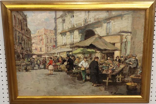 *MARIO MARESCA ORIGINAL OIL PAINTING: Mario Maresca (1877-1959 Italian), busy market scene, framed oil on canvas, signed lower right, approximately 19 1/4" x 27", with frame 23" x 31".