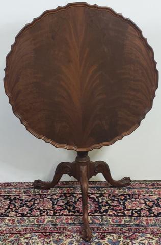 *GEORGIAN STYLE TILT-TOP TABLE: Having scalloped border and raised on birdcage pedestal base, approximate height 29 1/2", diameter 30".
