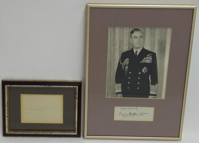 *ADM. WILLIAM HALSEY & LOUIS MOUNTBATTEN: Halsey: Signed in pencil, on 3" x 5" card in 8 1/4" x 6" frame. The autograph is very faint. Signature, W.F. Halsey, Fleet Admiral William Frederick Halsey Jr., KBE, known as Bill Halsey or "Bull" Hal