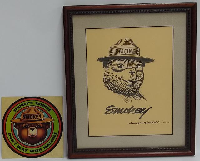 *RUDY WENDELIN AUTOGRAPH: Professionally framed and matted, original pen and ink sketch, 7"x9", of Smokey Bear. Total measures 11"x13". Signature with date, "Smokey Rudolph Wendelin, 4-15-91", Also includes Official Vintage (1