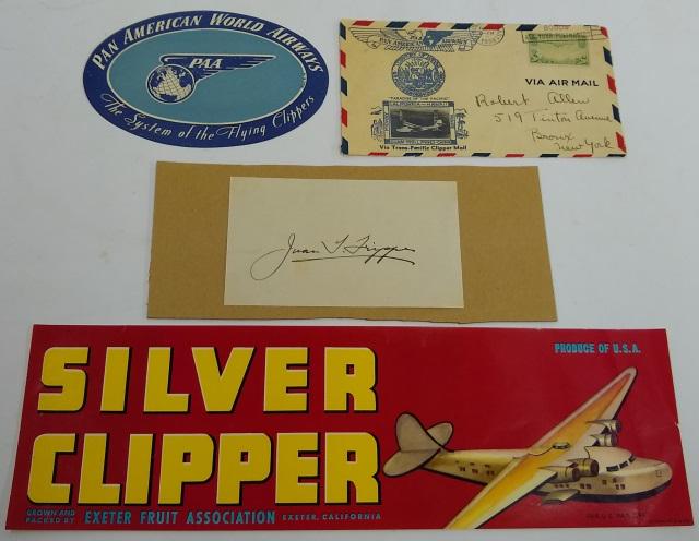 *JUAN TRIPPE AUTOGRAPH: AUTOGRAPH: Signature, Juan T. Trippe on 3"x5" card, COLLECTIBLES: -Envelope front from Pan American Airways Trans-Pacific Clipper Mail, postmarked Honolulu, Hawaii, Aug 11, 1938, with 20› U.S. Posta