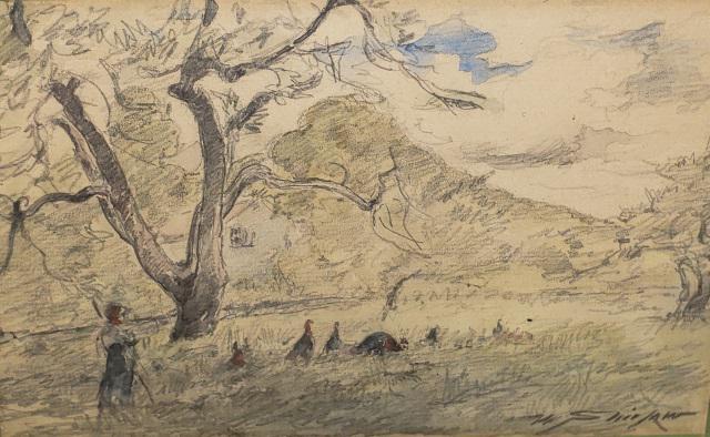 *WALTER SHIRLAW ORIGINAL DRAWING: Walter Shirlaw (1838-1909 American), wild turkeys, framed pencil drawing with watercolor, signed lower right, approximately 5 1/2" x 8 1/4", with frame 12 1/2" x 15 1/2".