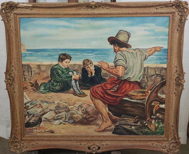 *UNKNOWN ARTIST OIL PAINTING: Unknown Artist (Mid 20th C. European School), after John Everett Millais, "The Boyhood of Raleigh", framed oil on canvas, signed indistinctly lower right, approximately 32" x 41", with frame 41" x 48"