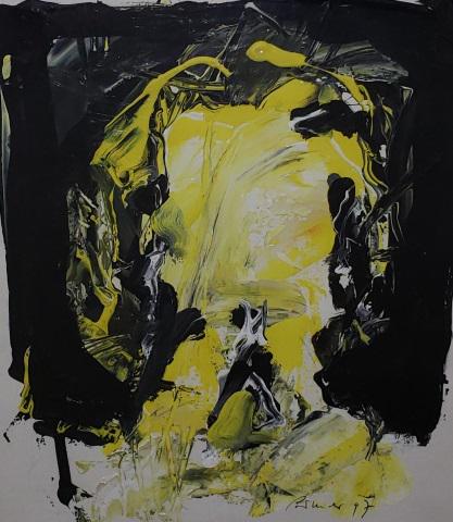 *BRUNNER, ROLF: (Born 1930 Swiss) "Eine Figure", unframed oil on thin cardboard signed and dated 97 lower right, inscribed on verso, approximate work size 15 1/2" x 11 3/4".