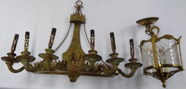 2 PIECES: Italian bronze wall sconce fitted with 6 branches and surmounted by crown-shaped ornament, approximate width 24", height 18", and hanging hall lamp with frosted glass panels in bronze frame, height 13