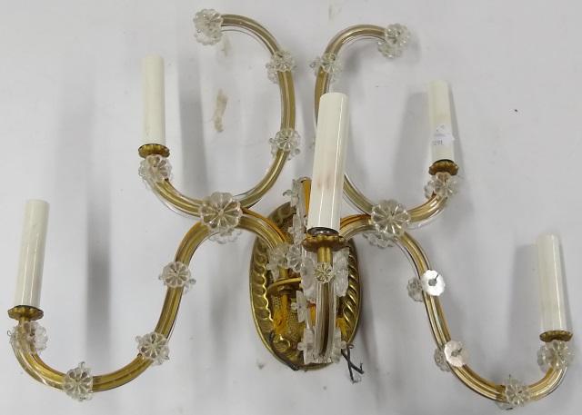 ITALIAN GLASS CANDELABRA: Fitted with 5 scroll branches and decorated with glass beads, approximate height 15".