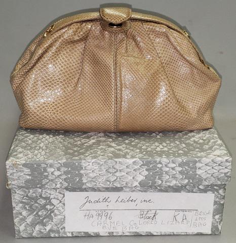 *JUDITH LEIBER LIZARD CLUTCH: Judith Leiber caramel lizard leather evening bag, complete original box. Provenance: Personal property from the estate of Uta DeTappan-Staley.