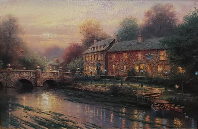 *THOMAS KINKADE SIGNED GICLEE: After Thomas Kinkade, "Lamp Light Inn", framed giclee on canvas, produced by Light Post Publishing and has brochure attached to verso, approximately 18" x 27", with frame 25 1/2" x 34 1/2".