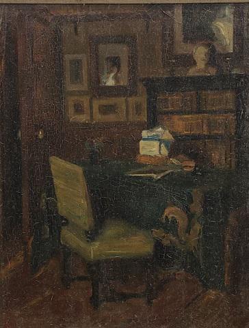 *UNKNOWN ARTIST OIL PAINTING: Unknown Artist (Mid-20th C. European School), interior scene with desk, framed oil on canvas mounted to masonite panel, approximately 16" x 12", with frame 23" x 19".