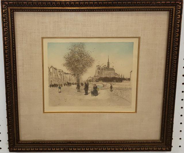 *JEAN FRANCOIS RAFFAELLI ORIGINAL ETCHING: Jean Francois Raffaelli (1850-1924 French), "Le Quai de la Tournelle", ca. 1911, framed aquatint etching, signed in pencil lower right, has certificate on verso describing the artist, piece, and justi